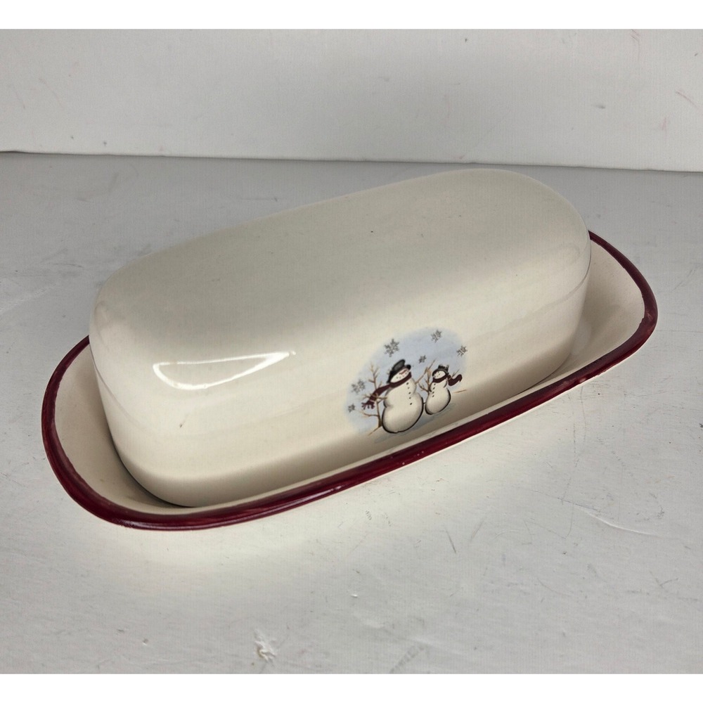 Snowman Family Ceramic Butter Dish with Lid Red Trim Winter Holiday Decor - Picture 2 of 11